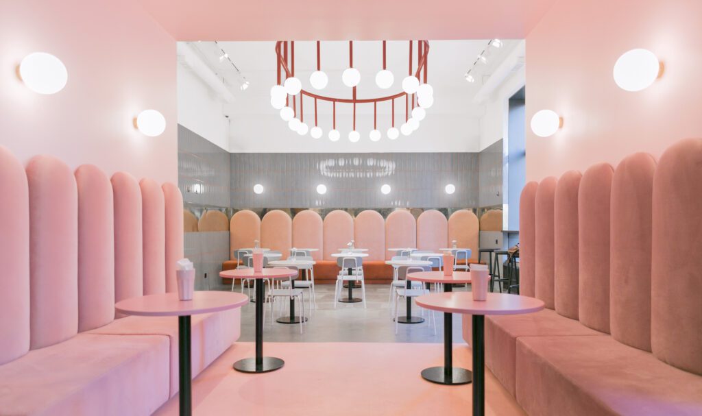 The Asian interior design of this modern bakery shop is perfect with soft pastel colors in combination with clean and simple lines of the furniture.