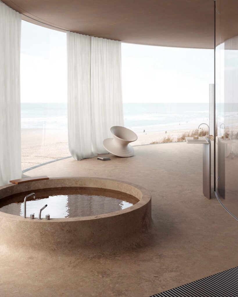 A Circular Sunken Bathtub With Minimalist Decor In A Beachfront Residence Designed By Sivak+Partners
