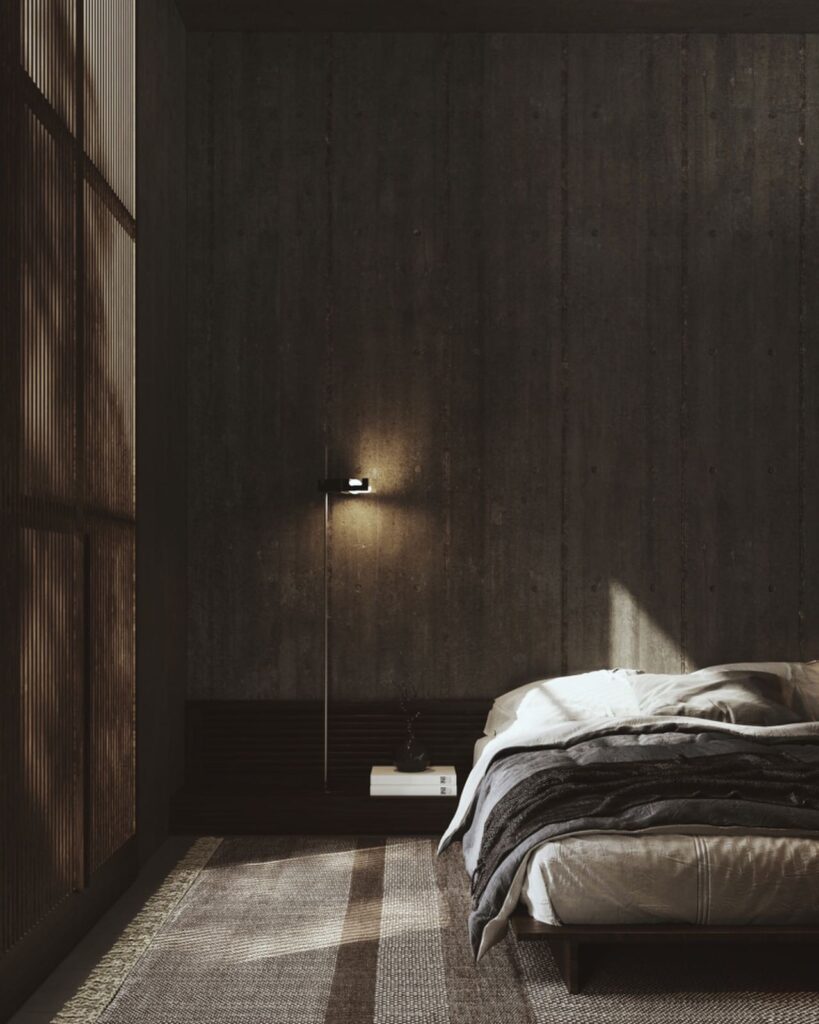 A cozy bedroom interior with warm lighting and textured walls