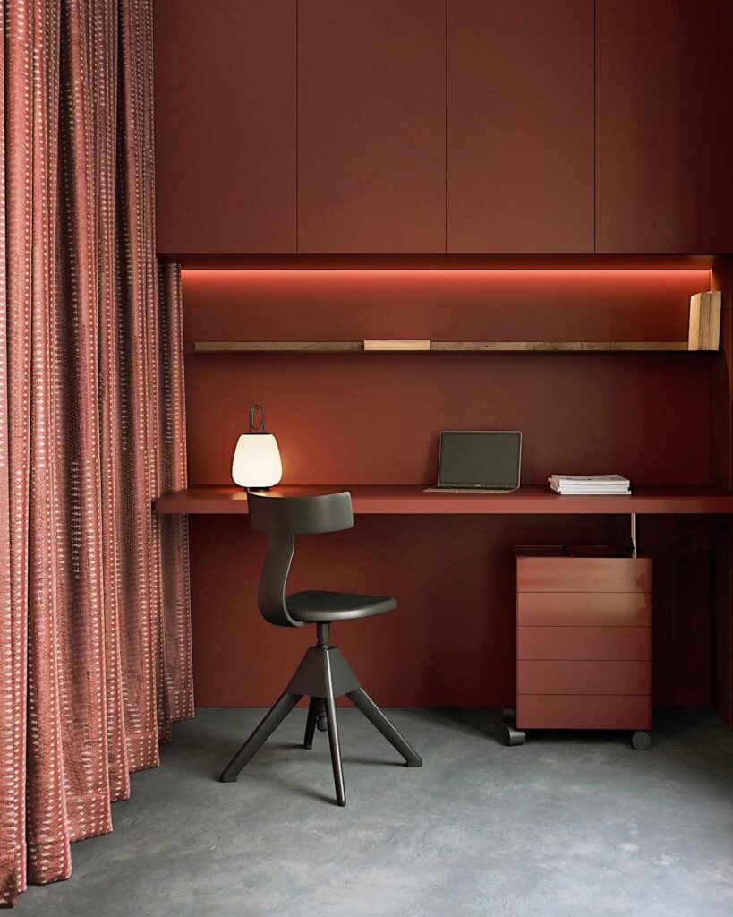 Cozy home office with warm tones and modern furnishings