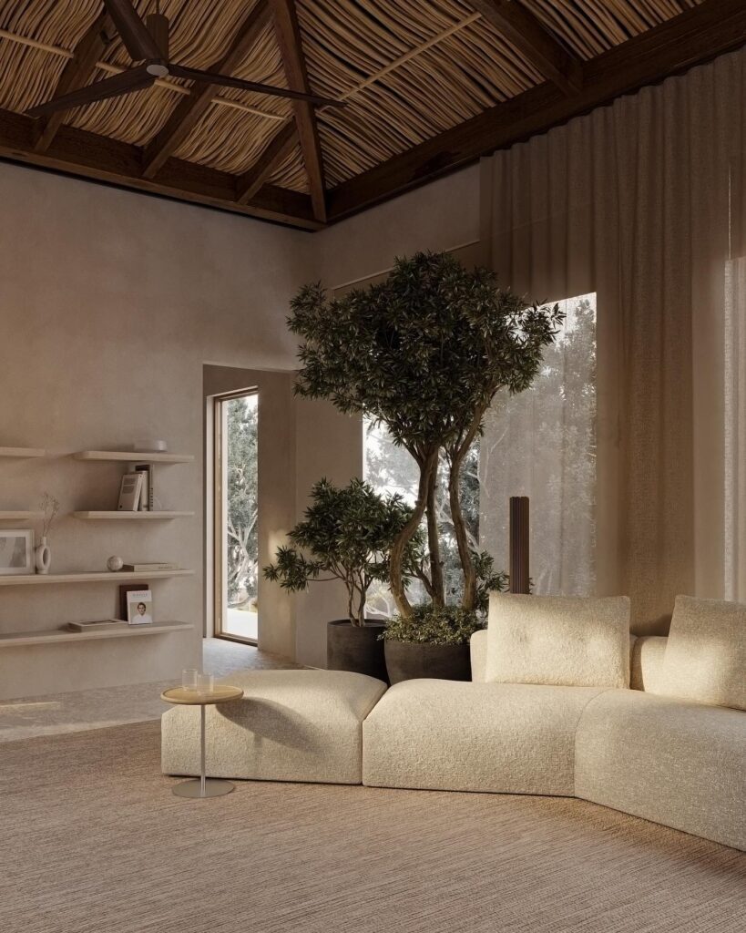 Cozy Interior Design with Lush Greenery and Warm Tones