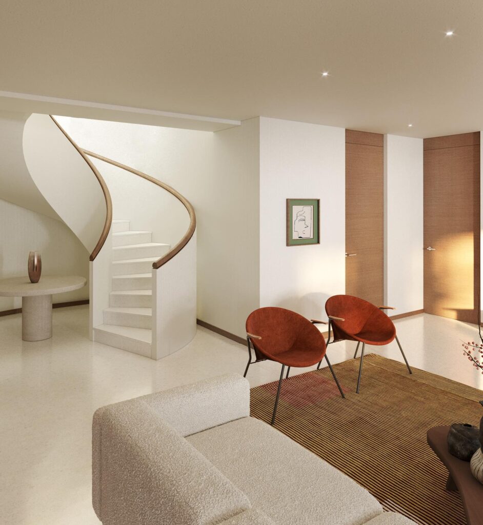 A Curved Staircase In A Modern Interior Design Space