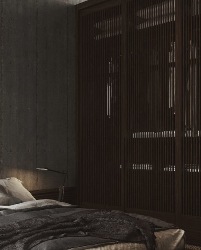 Dark and Moody Bedroom Interior with Textured Wardrobe