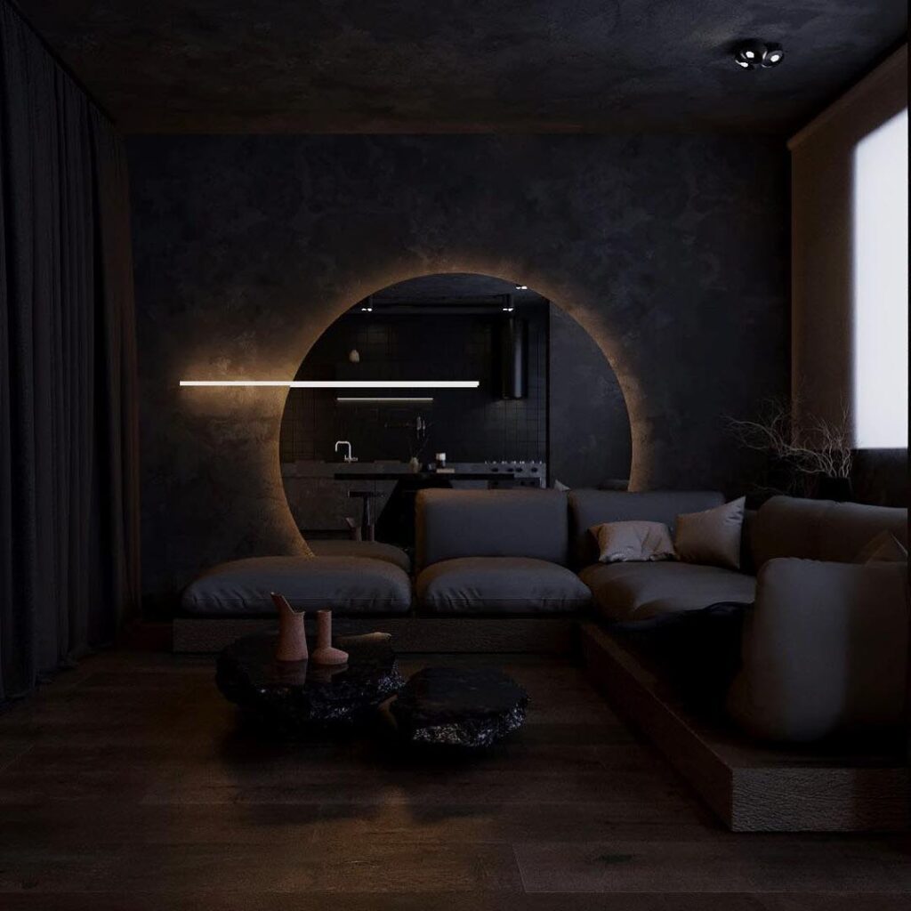 Dark and Moody Interior Design Space with Arched Lighting and Minimalist Furnishings