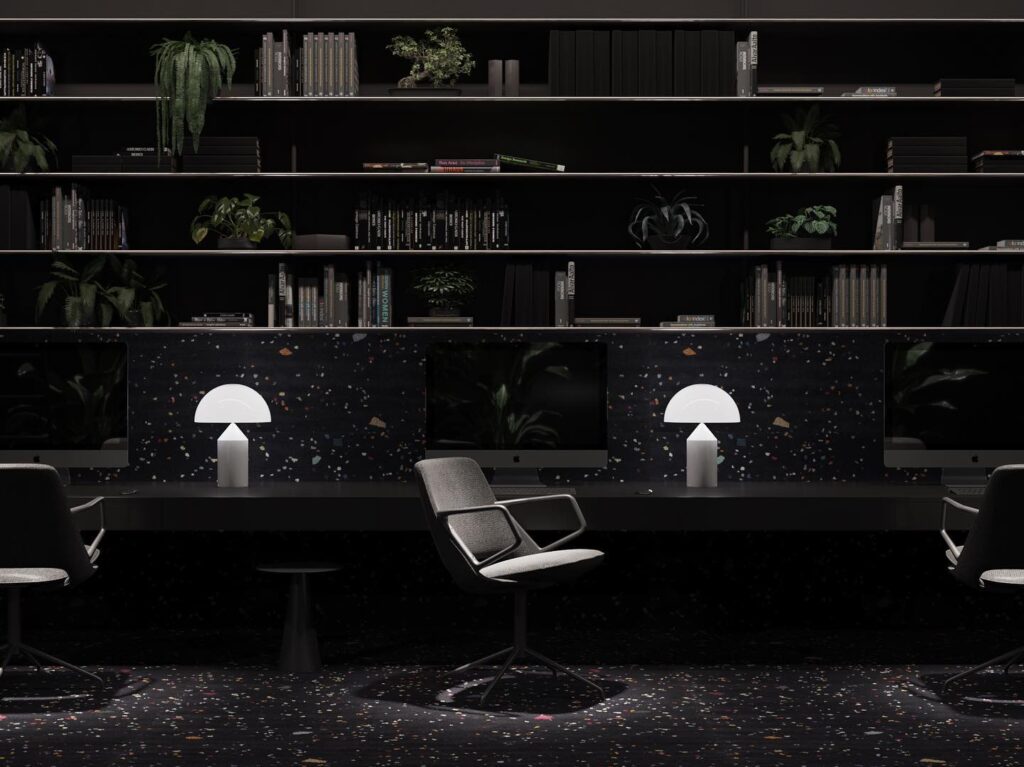 A Dark and Moody Interior Design Space with Bookshelves, Lamps, and Chairs