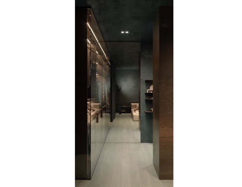 Dimly Lit Hallway With Wooden Shelving And Glass Doors Leading To An Interior Space