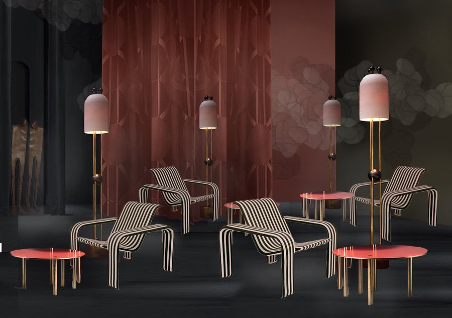 Elegant Interior Design Scene with Striped Armchairs and Pink and Gold Accents