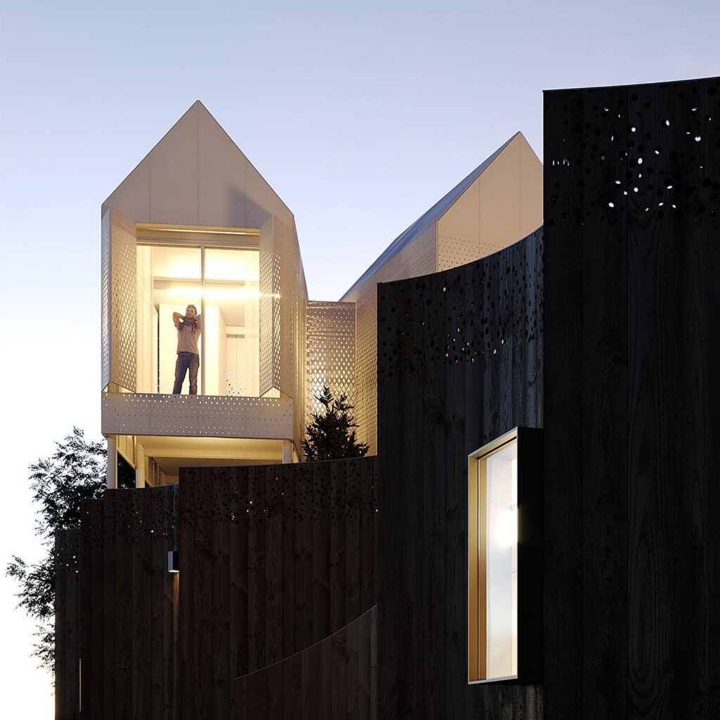 Exterior Design of a Modern Building with Geometric Shapes and Lighting