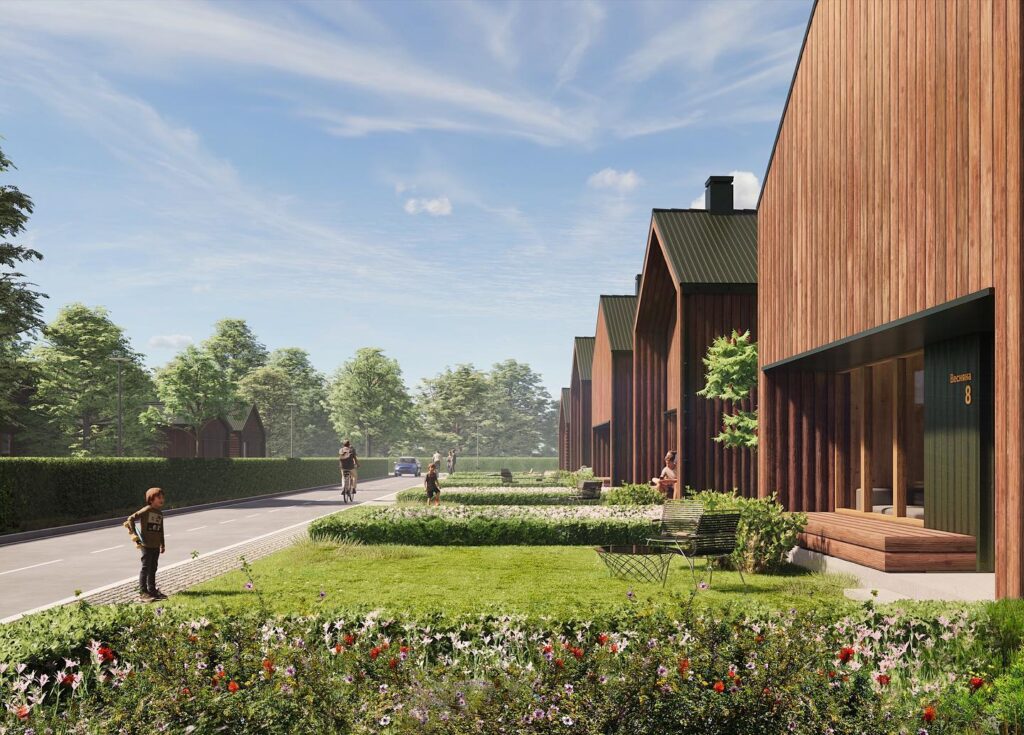 Exterior Design of a Residential Community with Wooden Structures and Landscaping
