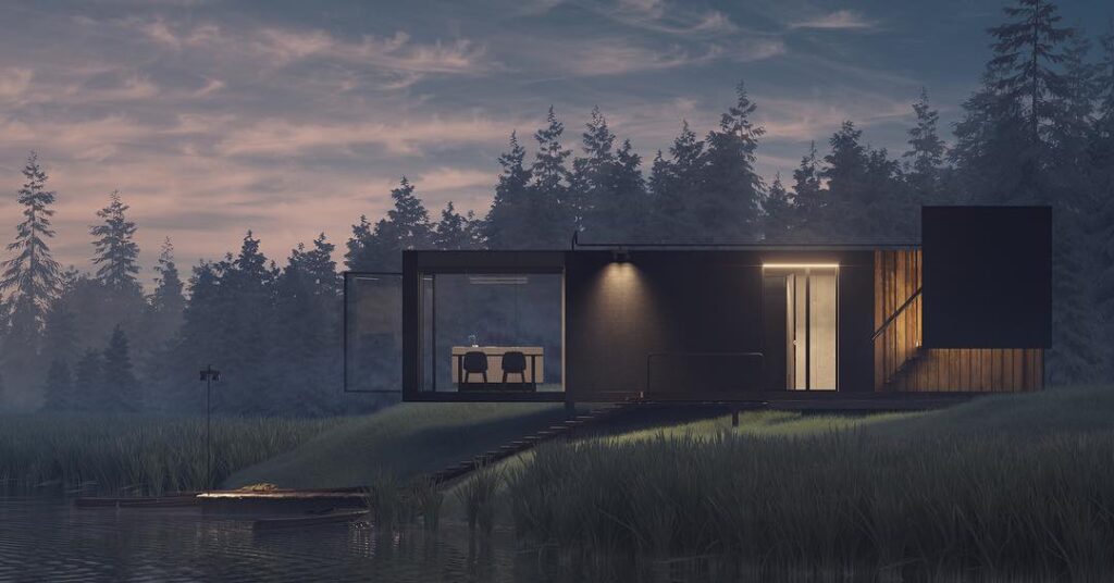 A modern, minimalist cabin nestled in a serene forest landscape, with a dock leading to a tranquil lake. The cabin features large windows and a wooden exterior, blending seamlessly with the natural surroundings.