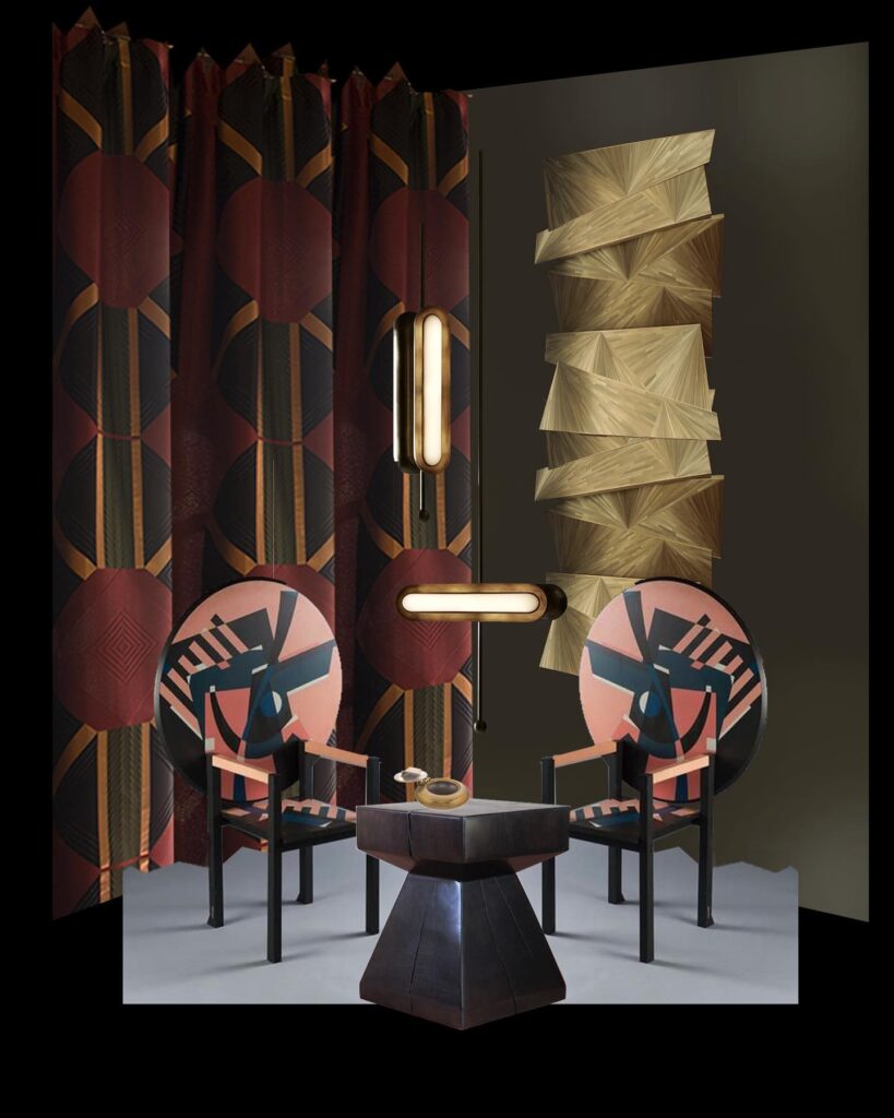 Geometric furniture and decor elements in a dark interior setting