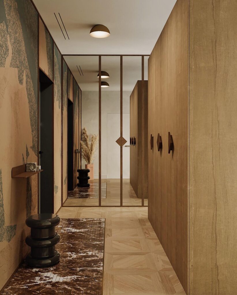 A Hallway With Wooden Walls And Floors, Featuring Decorative Lighting And Accents That Reflect The Interior Design Style Of Sivak+Partners.