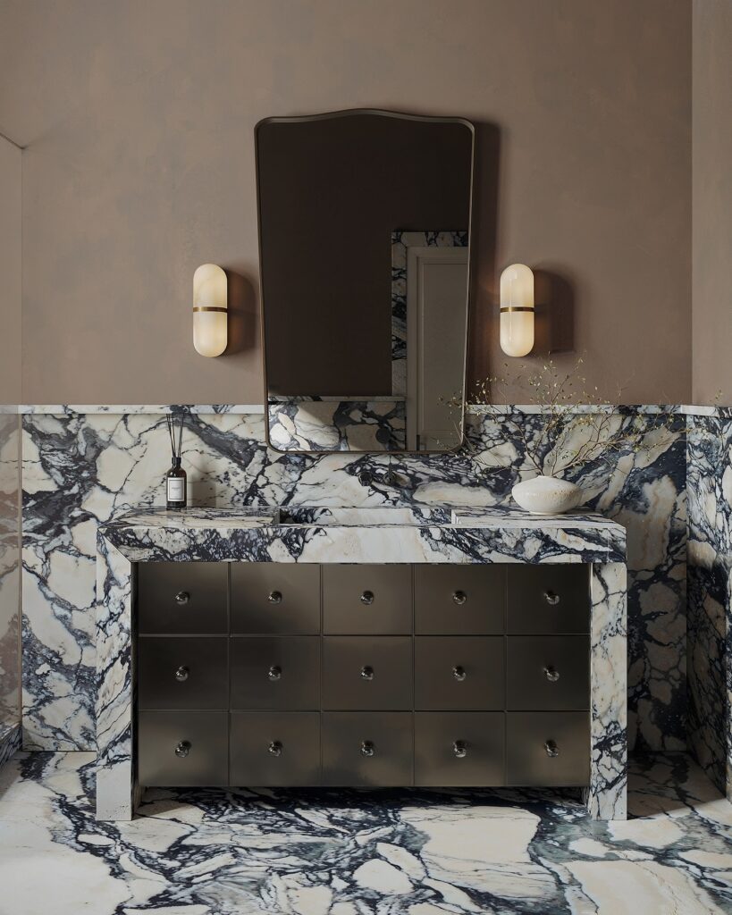 Marble Vanity With Black Drawers And Wall Sconces