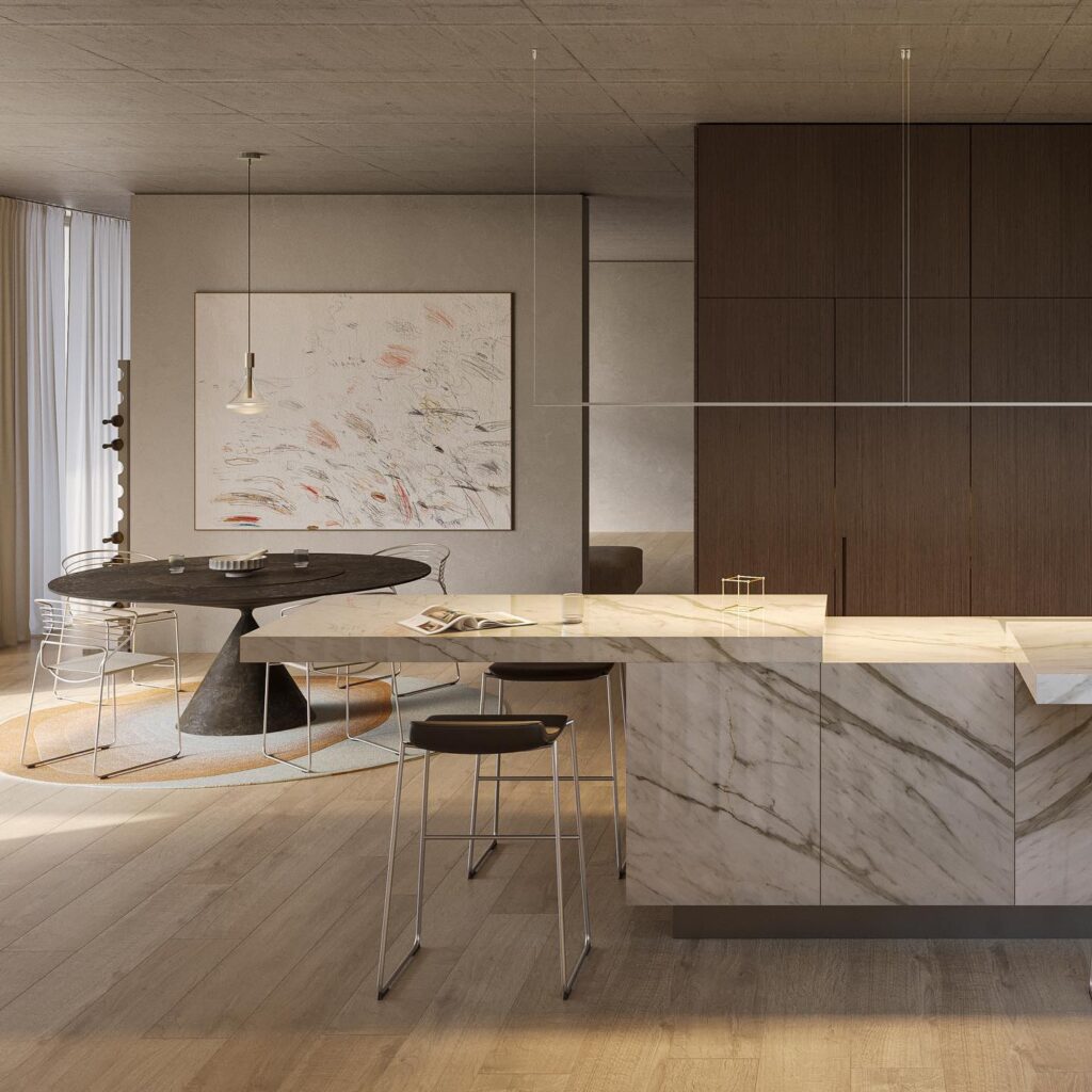 Minimalist And Elegant Dining Room With Marble Table And Dark Wood Cabinetry