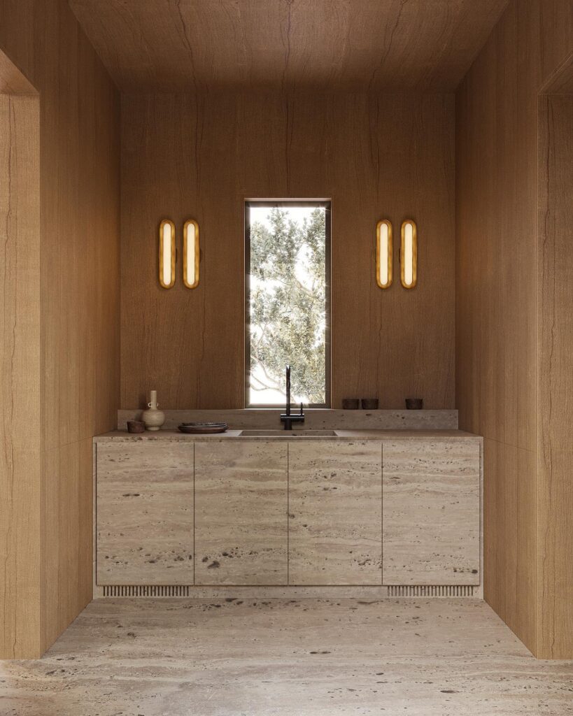 Minimalist Bathroom Interior With Wooden Walls And Travertine Countertops Designed By Sivak+Partners