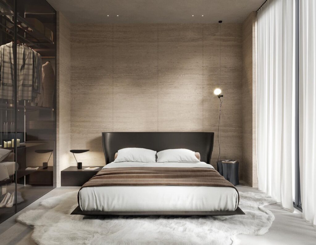 Minimalist Bedroom Design with Travertine Walls and Plush Rug