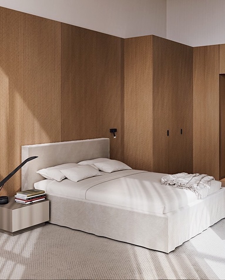 Minimalist Bedroom Design with White Bed Frame and Wood-Paneled Walls