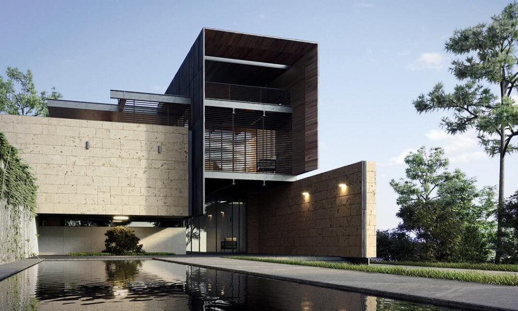 Minimalist Building Exterior with Sleek Angular Design and Natural Elements