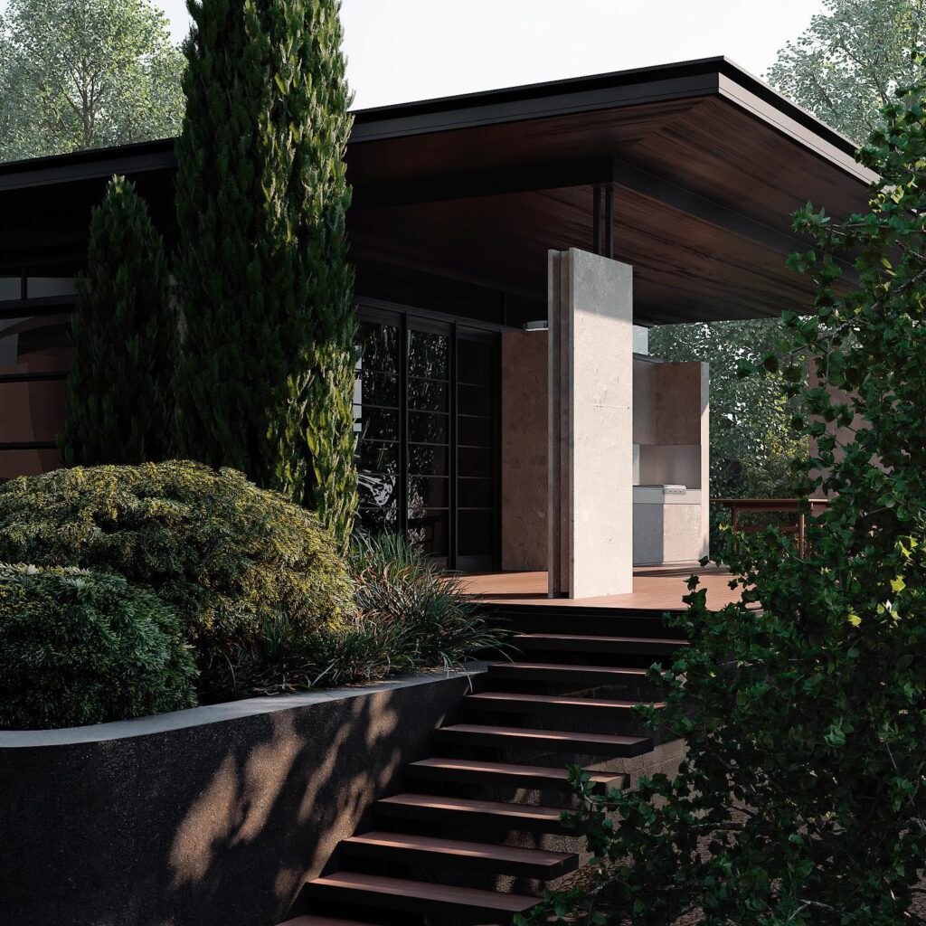 Minimalist Exterior Design with Wooden and Concrete Structure, Surrounded by Greenery and Stone Pathway