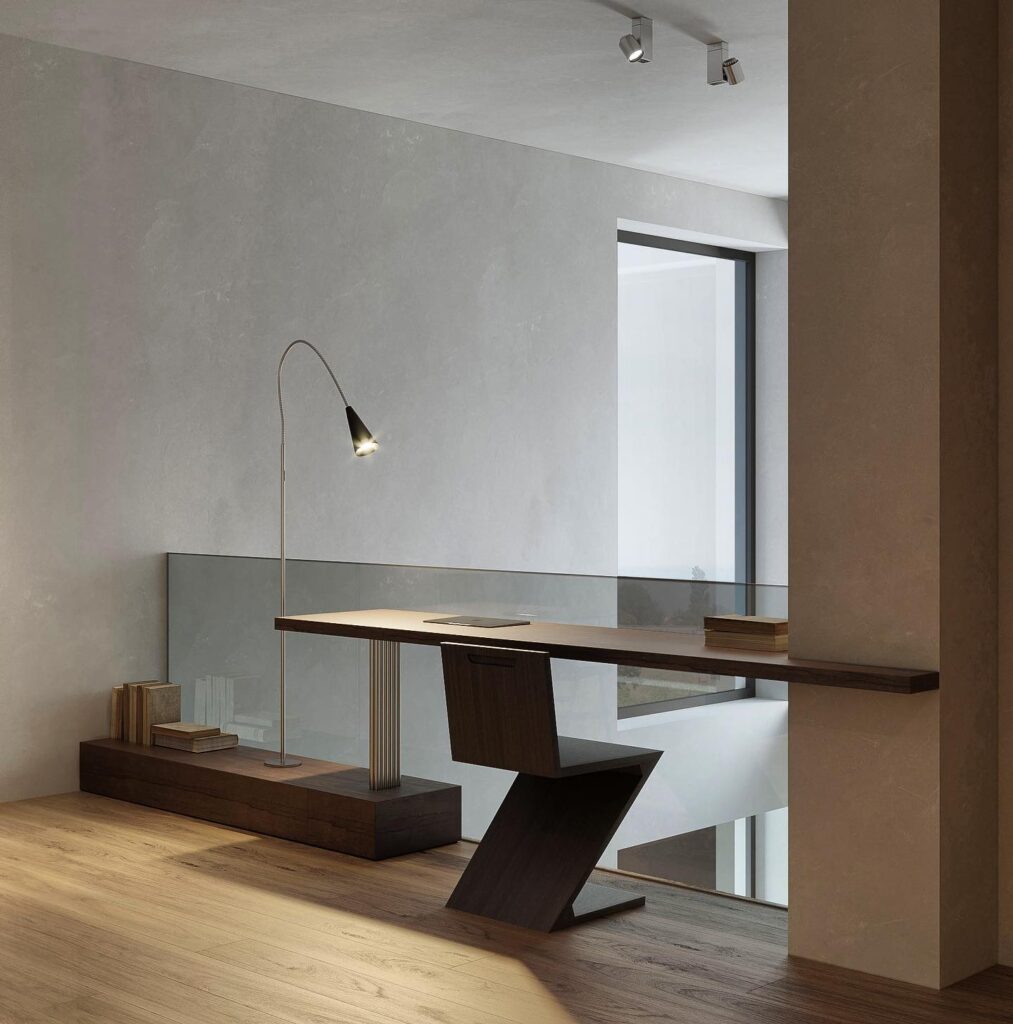 Minimalist Home Office with Sleek Wooden Furniture and Natural Lighting