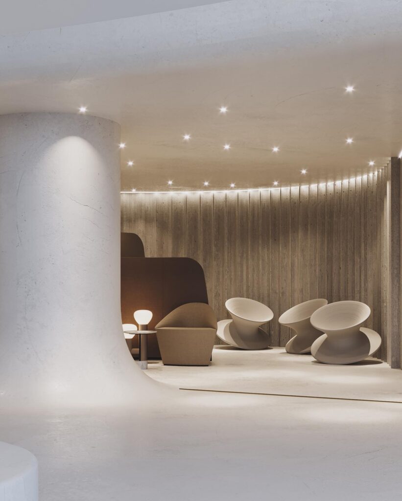 Minimalist Interior Design With Curved Furniture And Lighting Fixtures