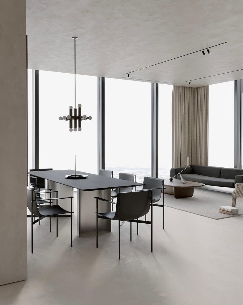 Minimalist Interior Design With Dining Table And Chairs Overlooking The City