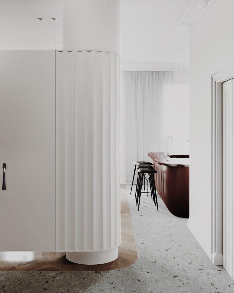 Minimalist Interior Design With Sleek White Curtains And A Burgundy Vanity