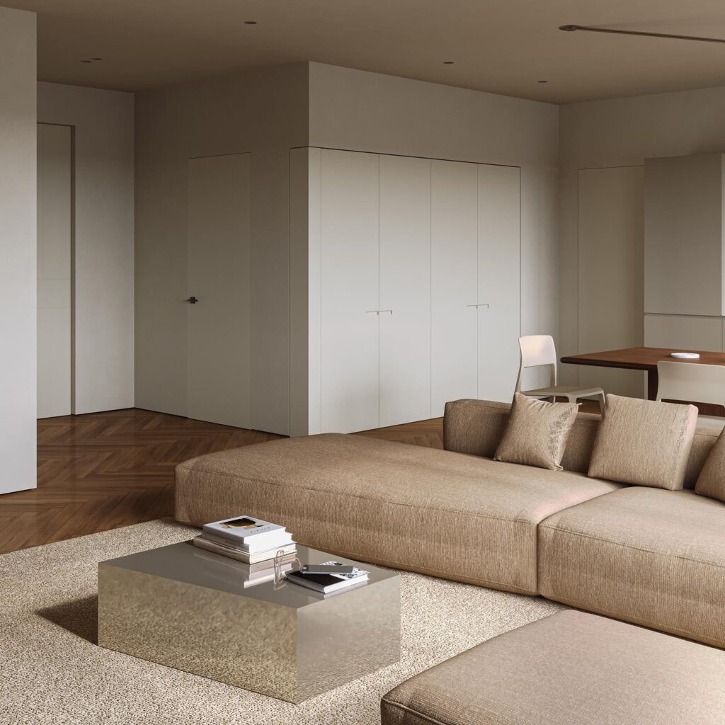 A Minimalist Living Room with Beige Sofa and Wooden Flooring