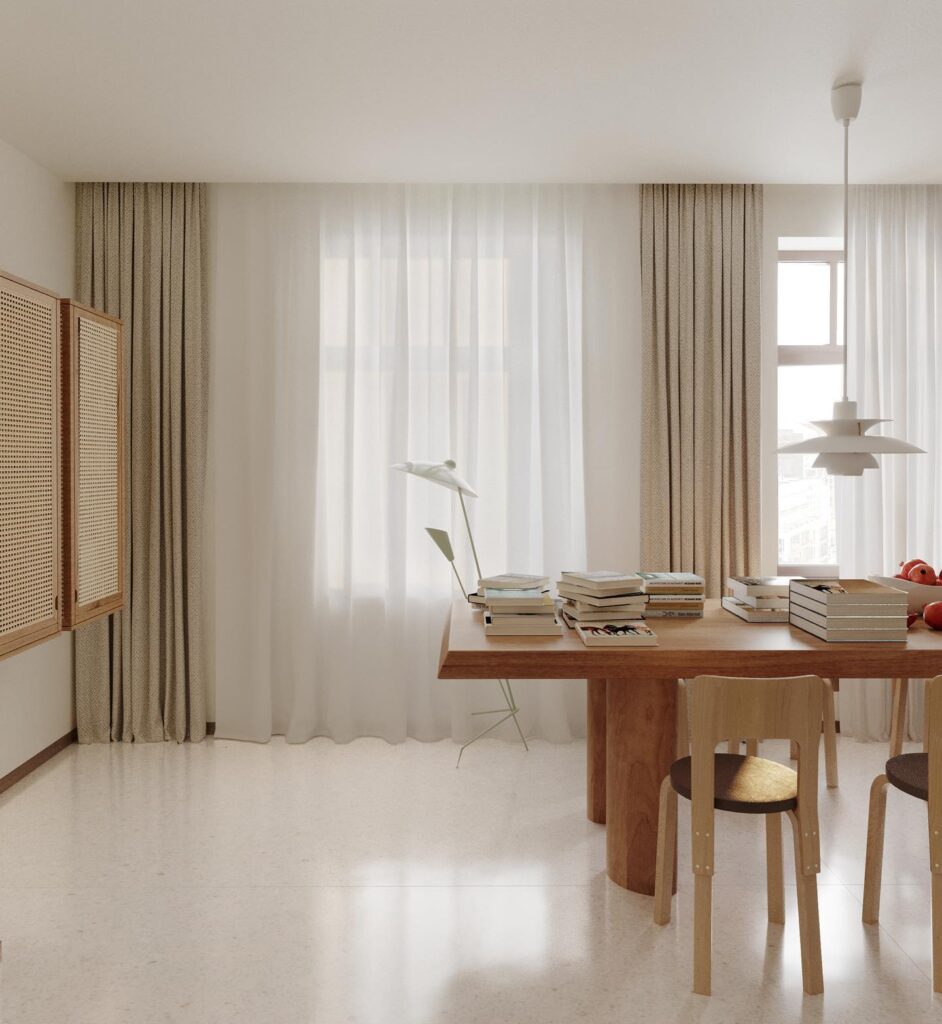 Minimalist and modern interior design space with natural light and materials