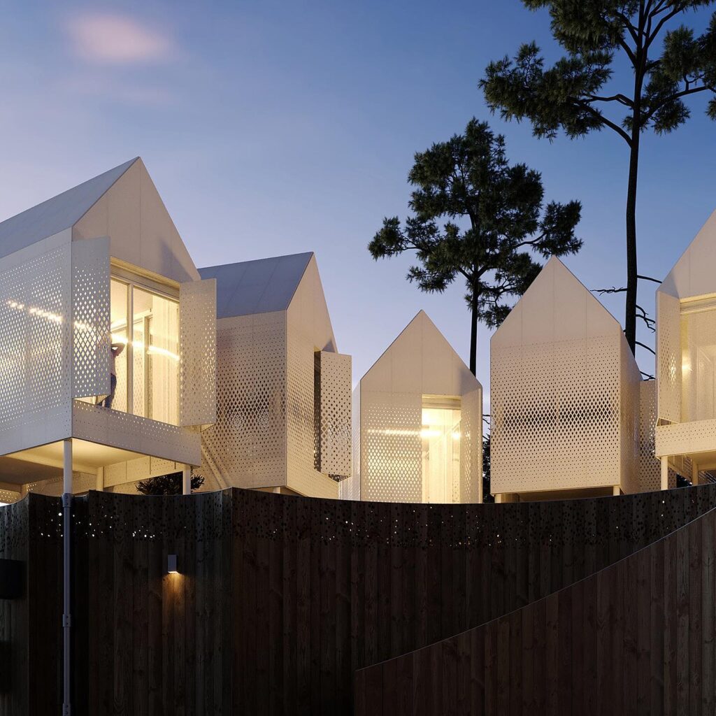 A modern architectural design with geometric shapes and lighting.