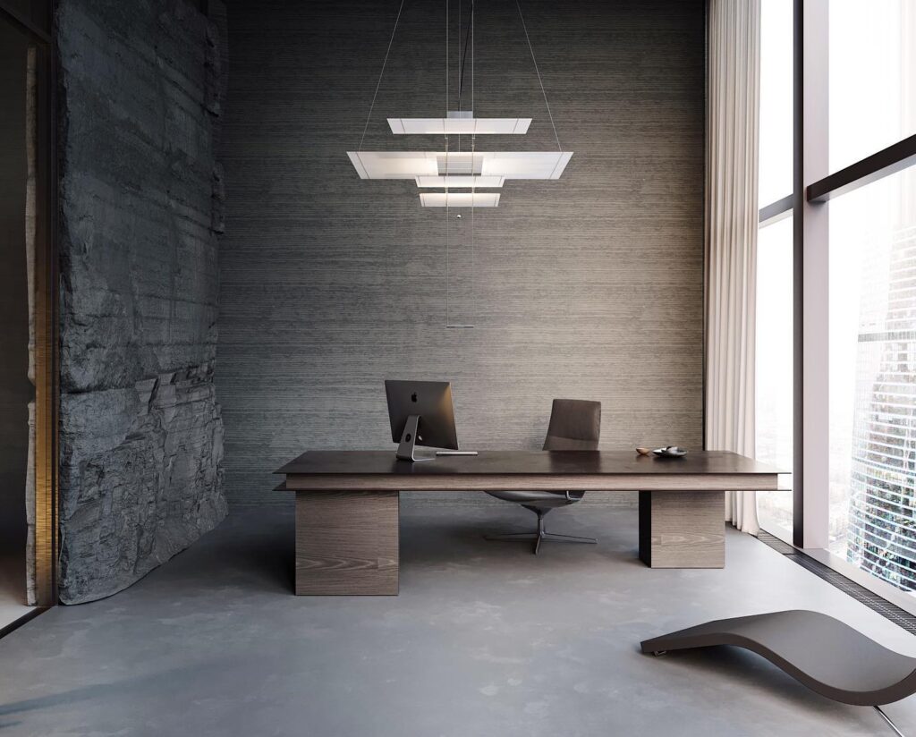 A Modern Home Office With Sleek Furniture And Lighting