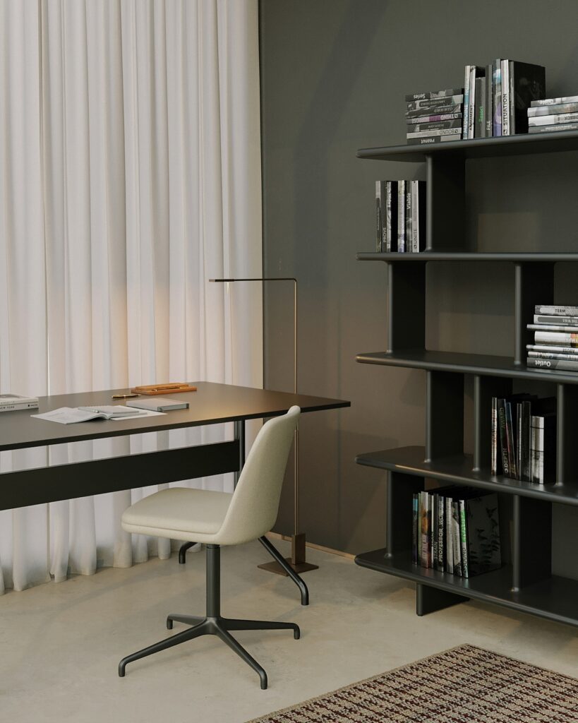 A modern home office with minimalist furniture and decor