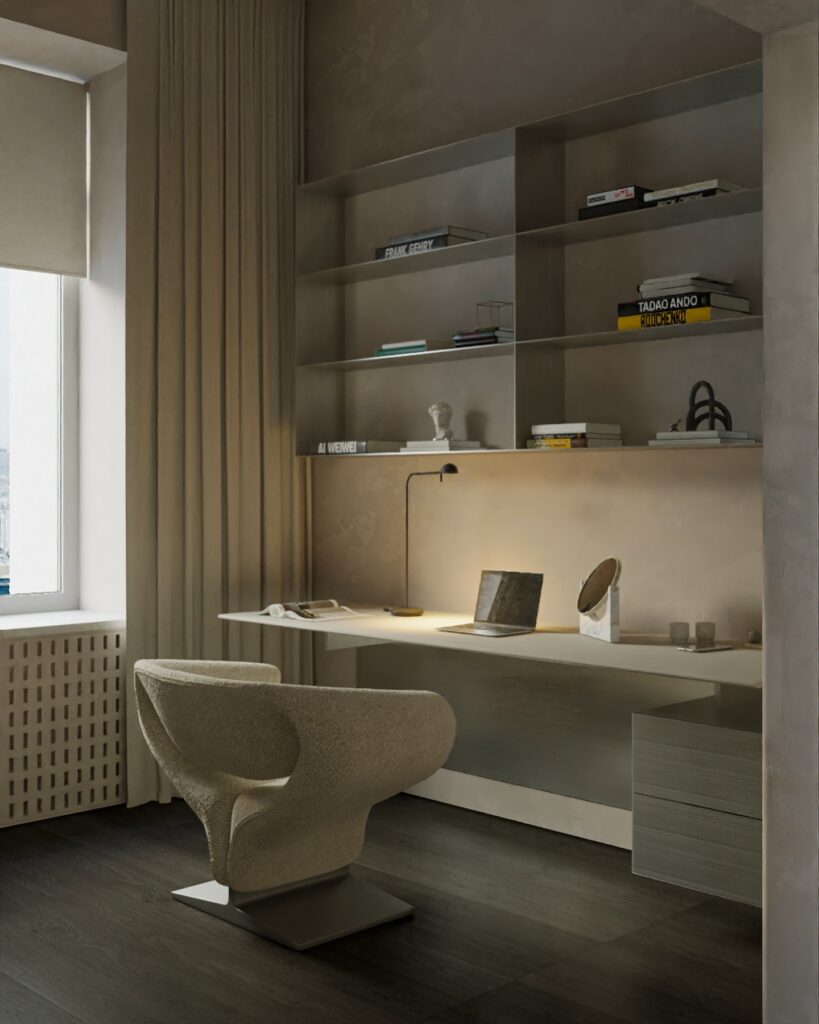 A Modern Home Office Design With Minimalist Shelving And Furniture By Sivak+Partners