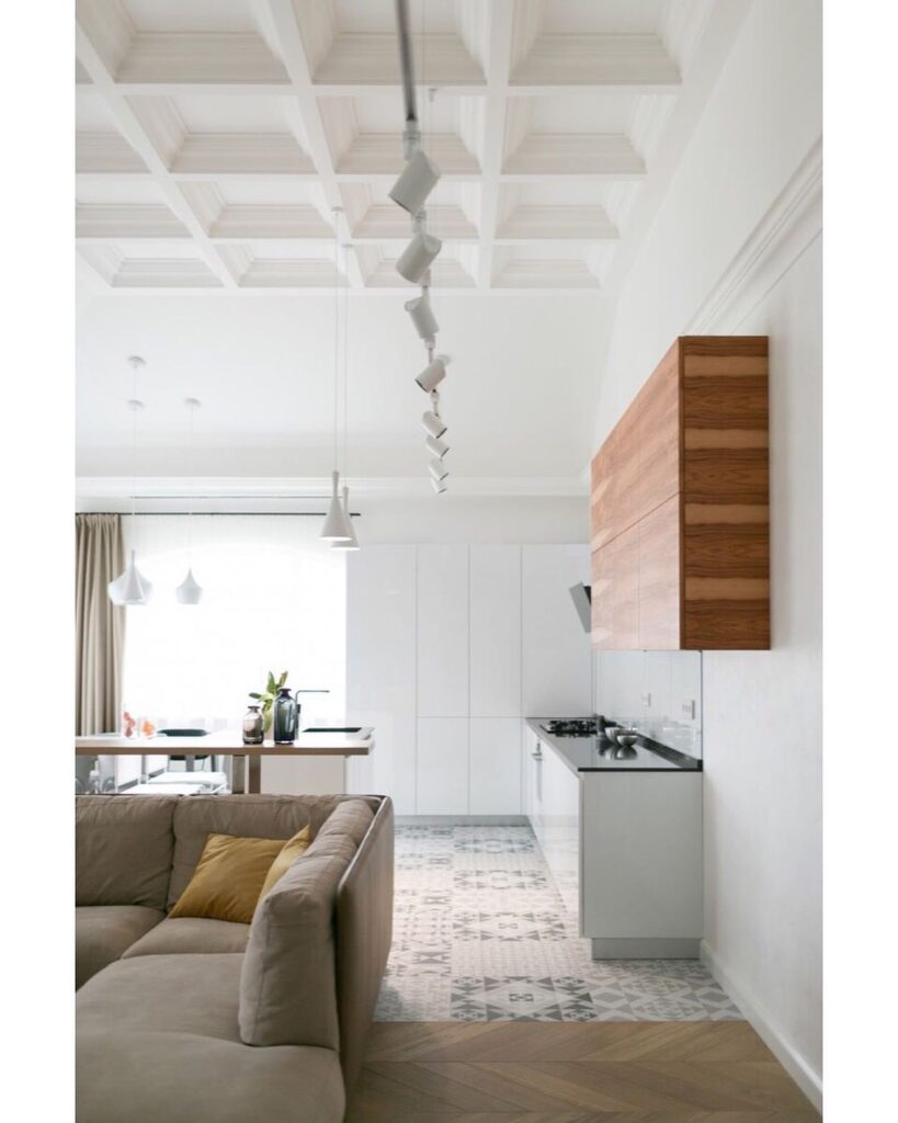 A Modern Interior Design With Wooden Accents And Geometric Patterns
