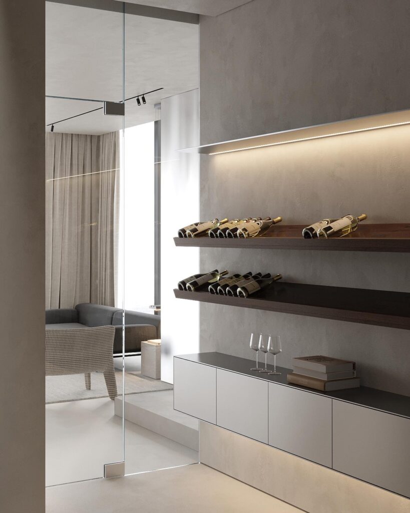 A Modern Interior Design With Wine Storage Shelves And Lighting