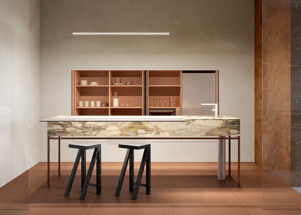 A Modern Kitchen Design With Marble Countertop And Wooden Shelving