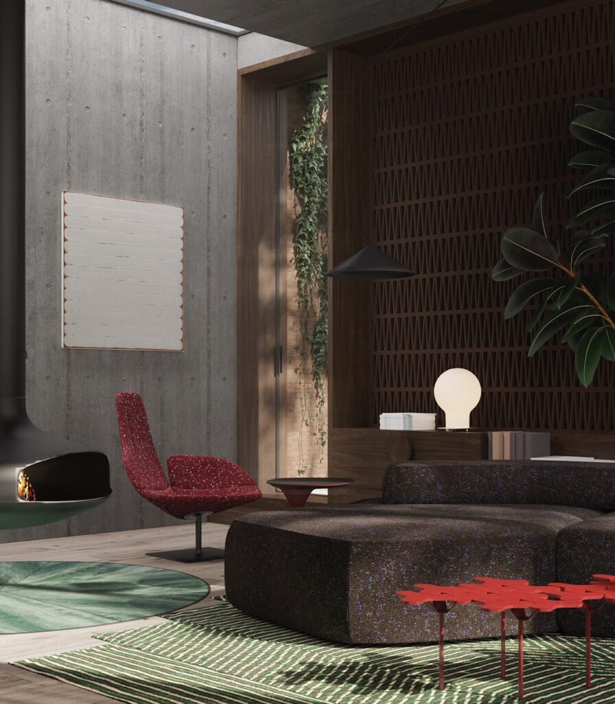 A Modern And Minimalist Interior Design With Concrete Walls, Wooden Accents, And Vibrant Furnishings