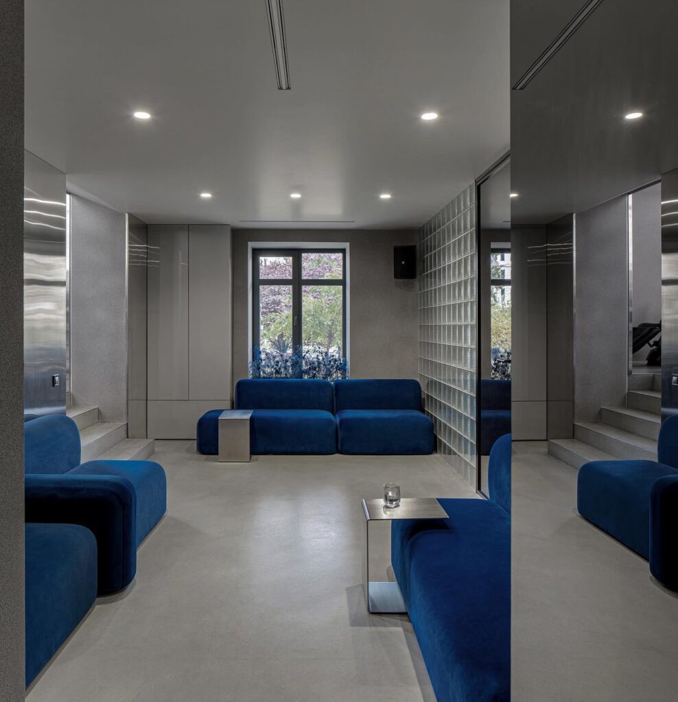 Modern Minimalist Interior Design with Blue Velvet Furniture