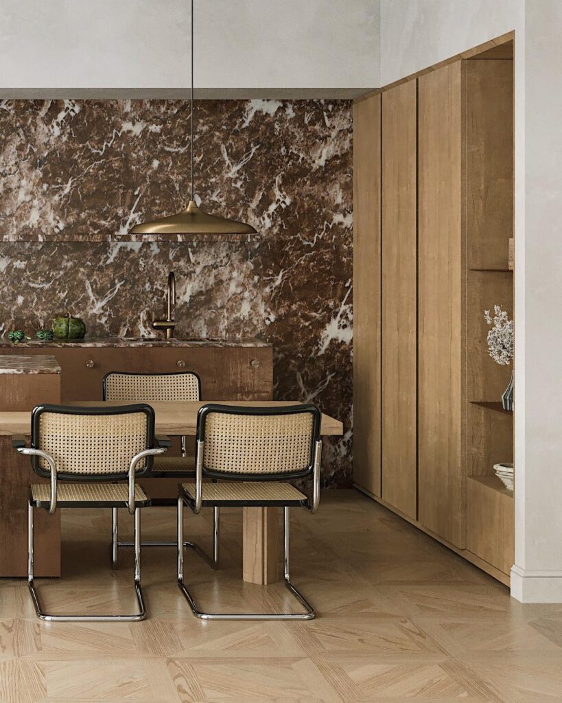 Modern Minimalist Kitchen Interior with Marble Backsplash, Wooden Cabinetry, and Chrome Chairs