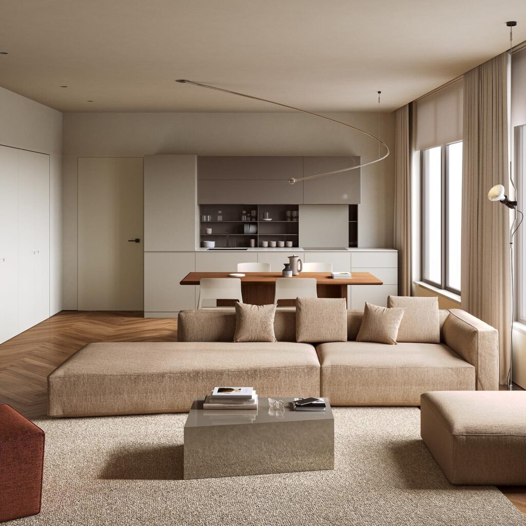 A Modern And Minimalist Living Room With Neutral Tones And Wooden Accents, Designed By Sivak+Partners.