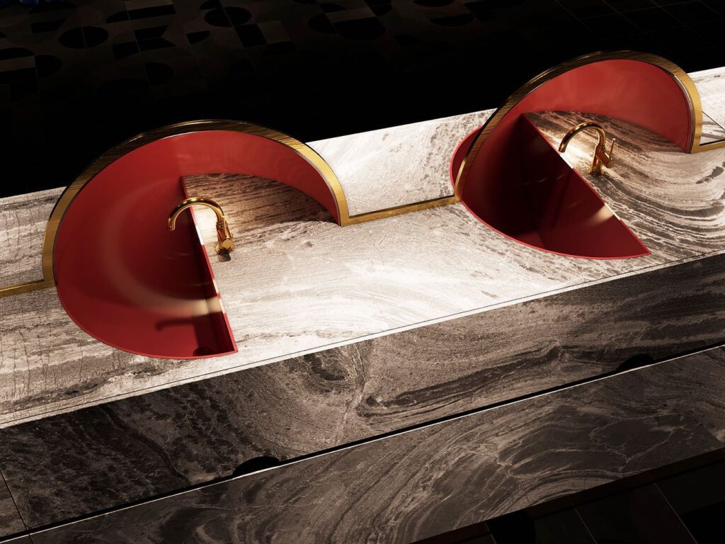 Red and Gold Sink Fixtures on Marble Countertop