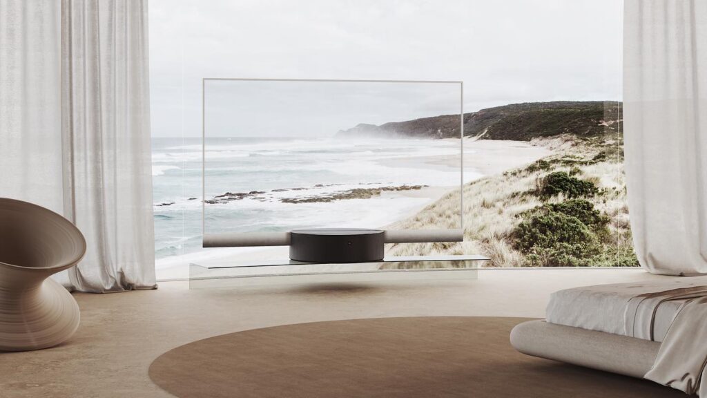 Serene Coastal Retreat: A minimalist bedroom with a large window overlooking a stunning coastal landscape, featuring rocky cliffs, sandy beaches, and crashing waves.