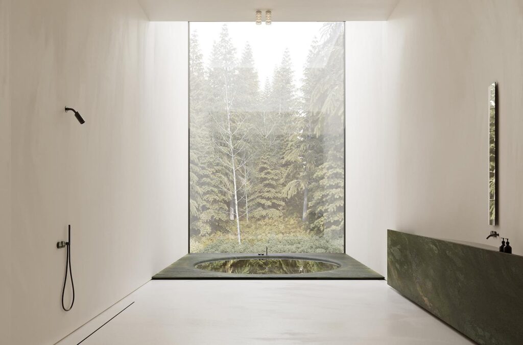 Serene Forest View Through Large Window In Minimalist Bathroom Design