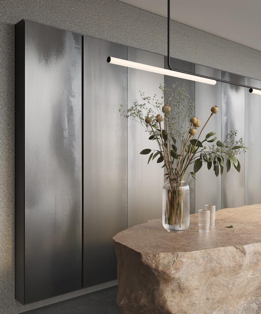 Sleek And Minimalist Interior Design With Floral Vase On Stone Table, Dark Cabinetry And Lighting