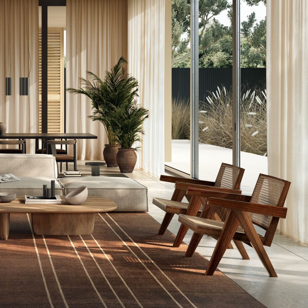 Spacious Interior Design with Wooden Furniture and Lush Greenery