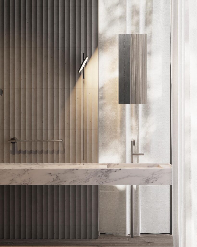 Vertical Wooden Panels and Marble Surfaces in a Modern Interior Design