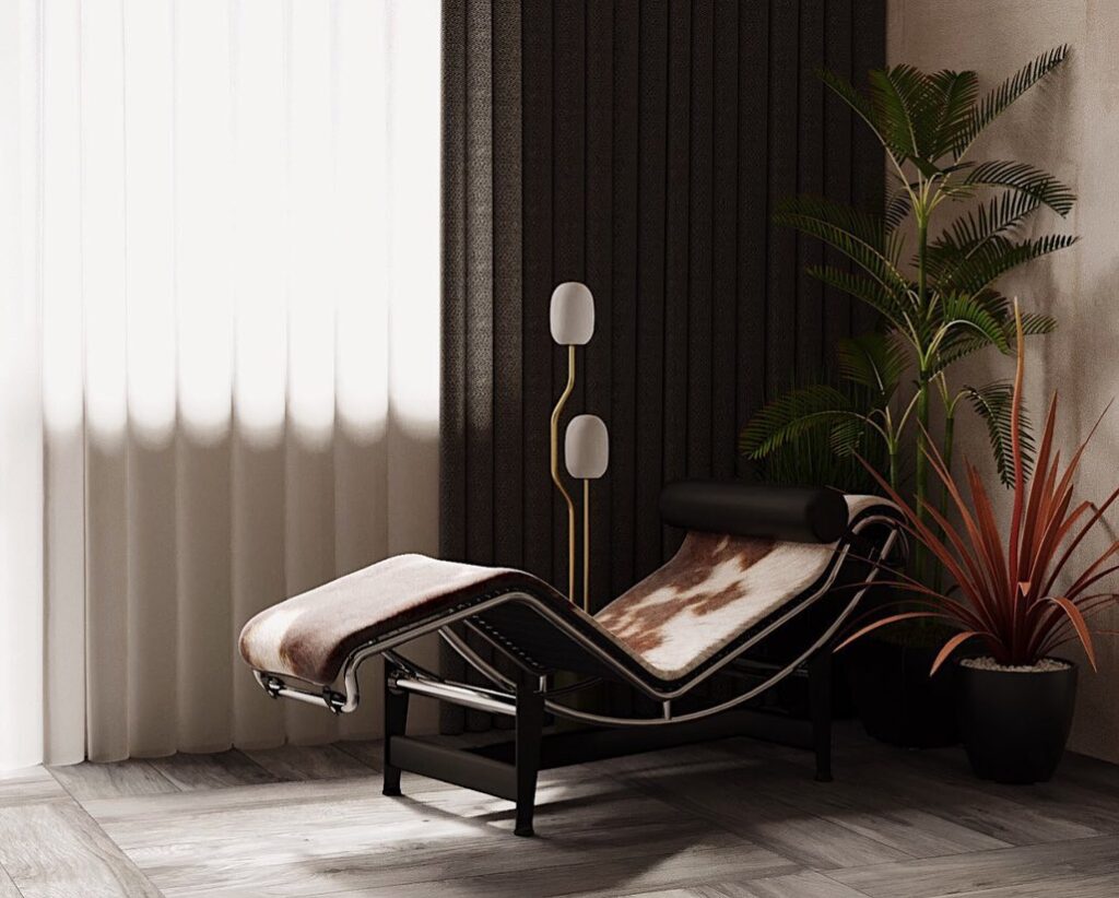 A Chaise Lounge Chair With A Cowhide Cushion, Surrounded By Tropical Plants In A Minimalist Interior Design Setting.