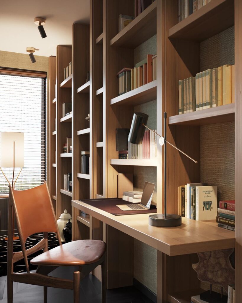 Cozy Home Office with Wooden Shelves and Desk