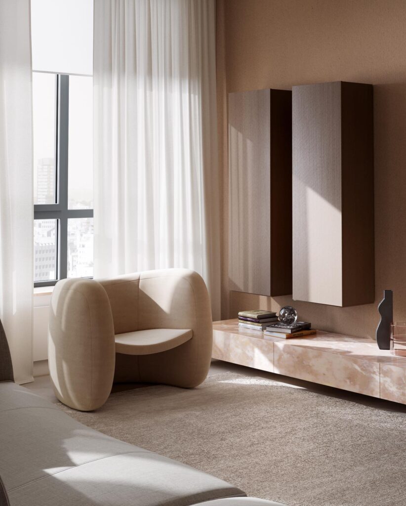 Cozy Living Room Interior Design With Beige Armchair And Marble Entertainment Unit