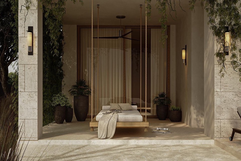 Cozy Outdoor Retreat: An inviting outdoor living space with a suspended bed, lush greenery, and warm lighting, creating a serene and relaxing ambiance.